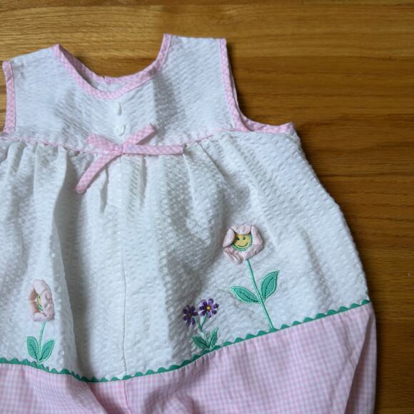 Baby Girl's Pink & White Seersucker Romper Bow Accent Embroidered Flowers - Picture 3 of 7
